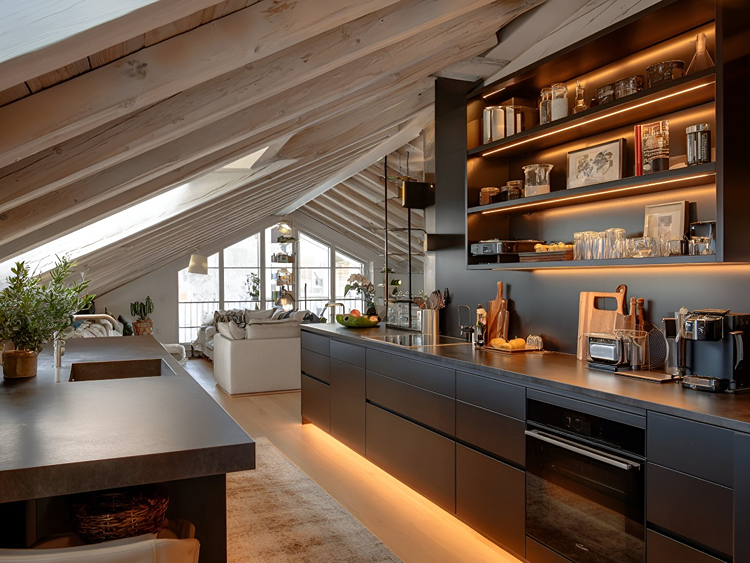 Beleuchtung für eine Dachschräge in der Küche - Indirekte Lichtstreifen an den Oberschränken