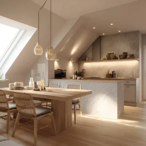 Beleuchtung für eine Dachschräge in der Küche - Spots in der Decke Streifen am Regal und Pendelleuchte im Essbereich