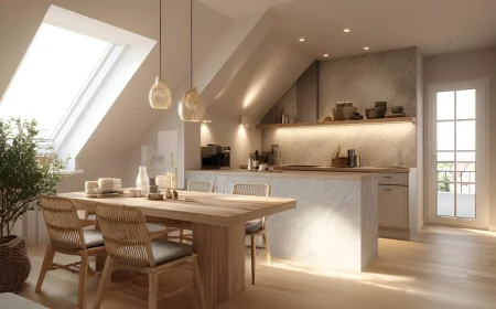 Beleuchtung für eine Dachschräge in der Küche - Spots in der Decke Streifen am Regal und Pendelleuchte im Essbereich