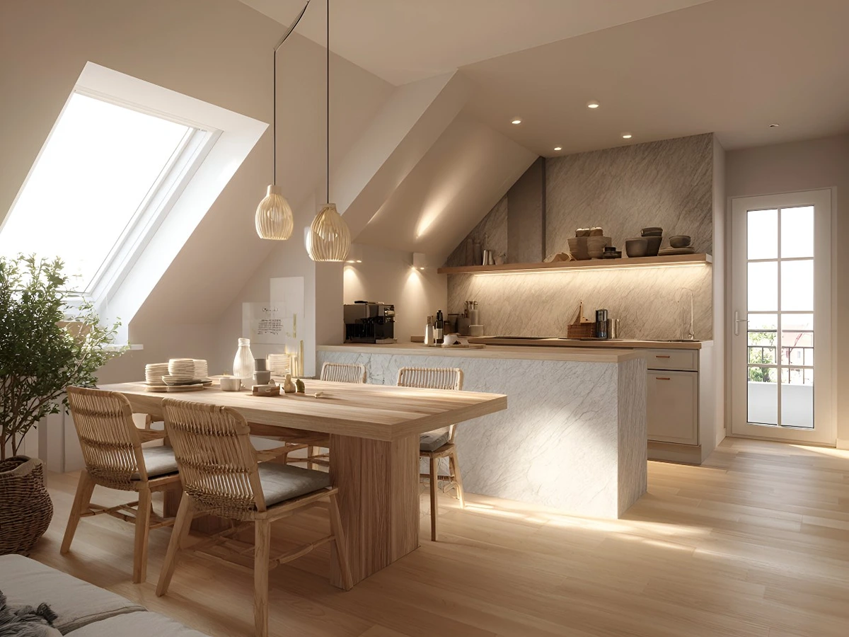 Beleuchtung für eine Dachschräge in der Küche - Spots in der Decke Streifen am Regal und Pendelleuchte im Essbereich