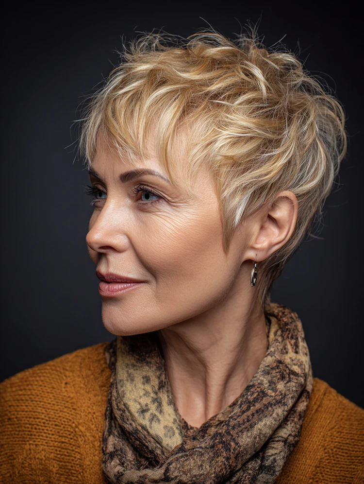 blonder pixie cut mit highlights und pony