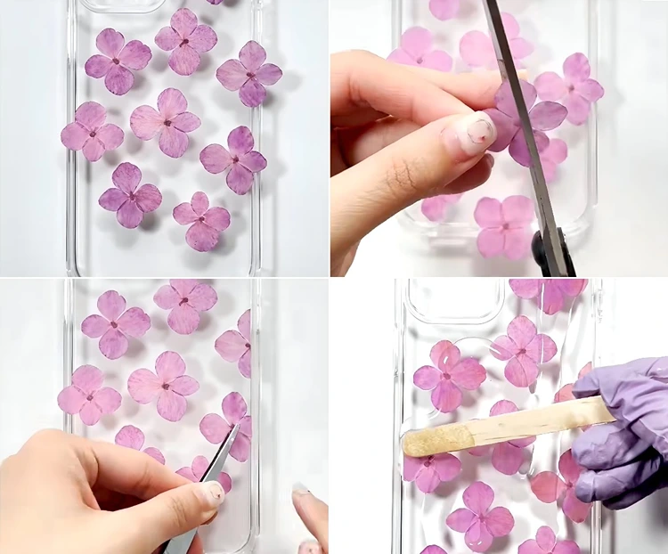 Blüten der Hortensie auf eine Hülle kleben und mit Kunstharz versiegeln