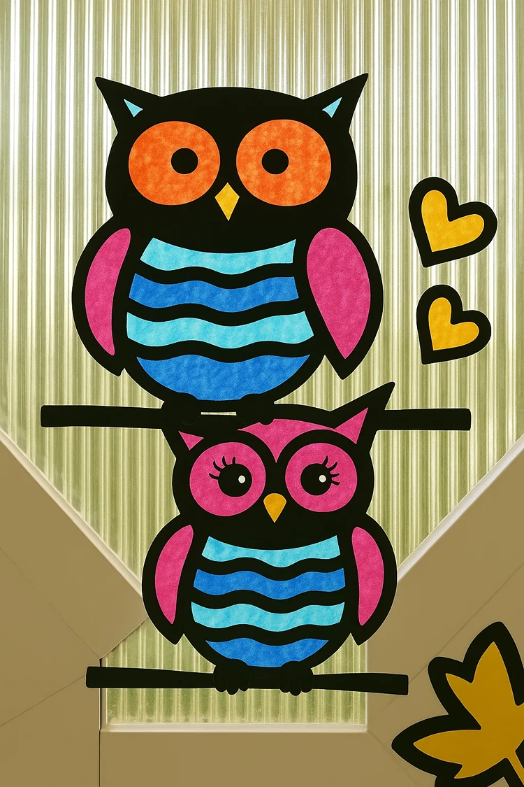 bunte eulen fensterbild mit transparentpapier