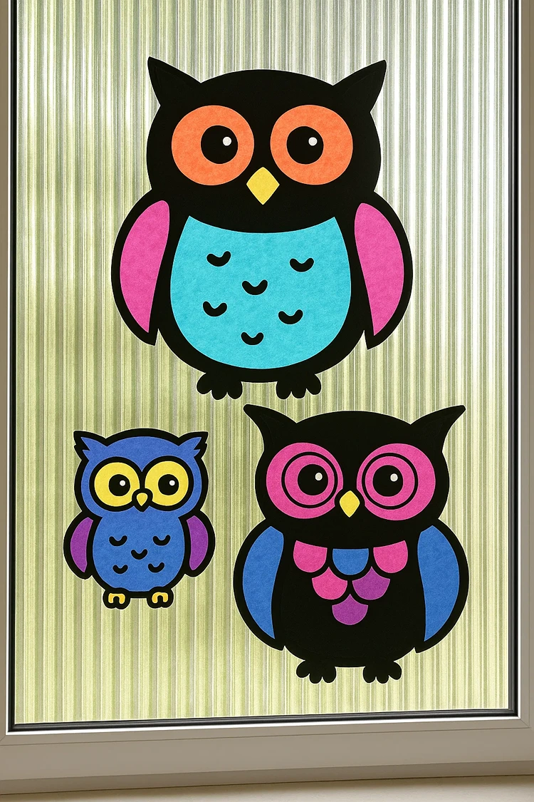 bunte eulen fürs fenster zum selbermachen