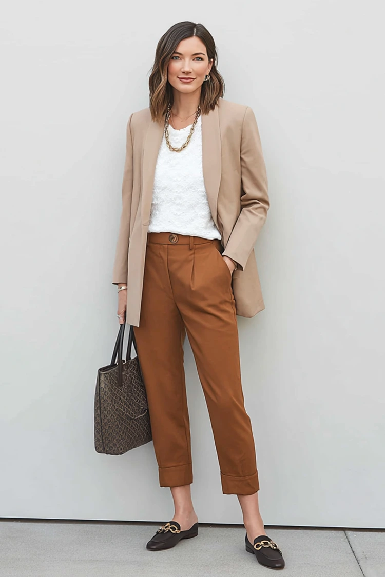 business look in camel & braun blazer, stoffhose und klassische loafer