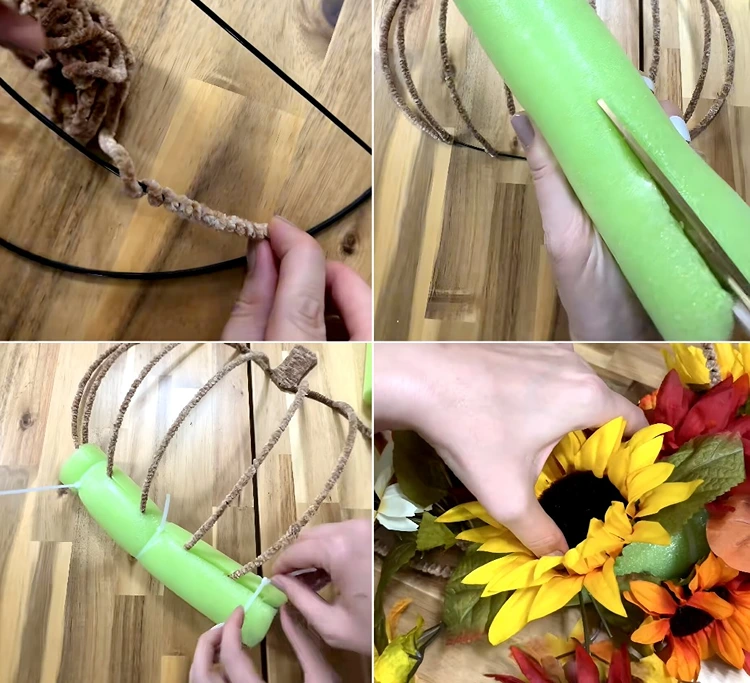 Den Draht mit Plüschwolle verzieren und den Staumstoff mit Blumen dekorieren