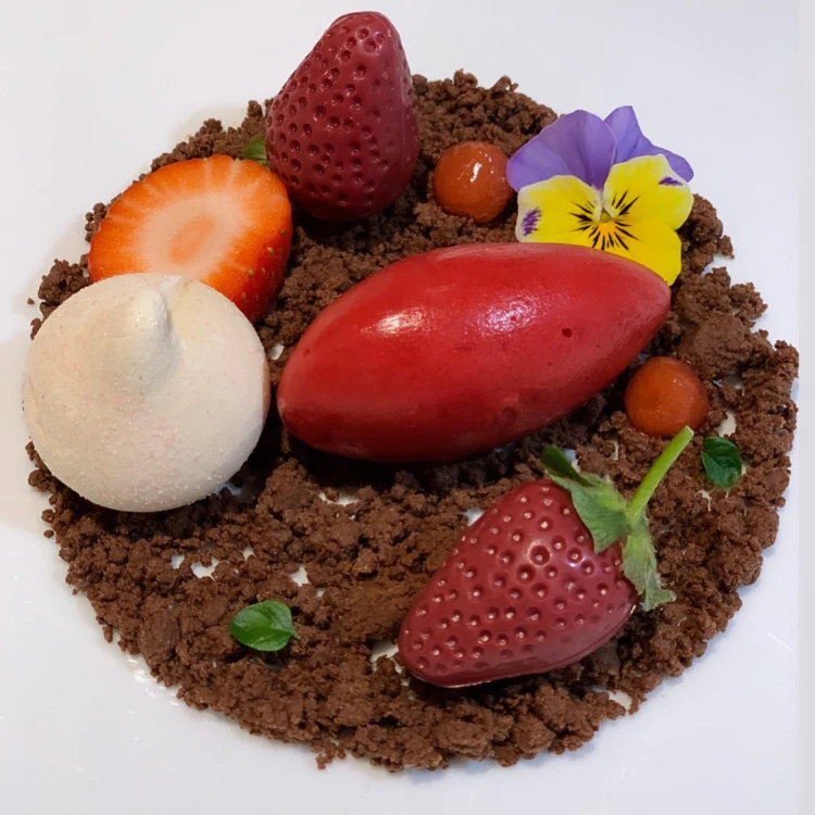 dessert mit himbeersorbet, schokoladenerdbeeren und chocolate soil