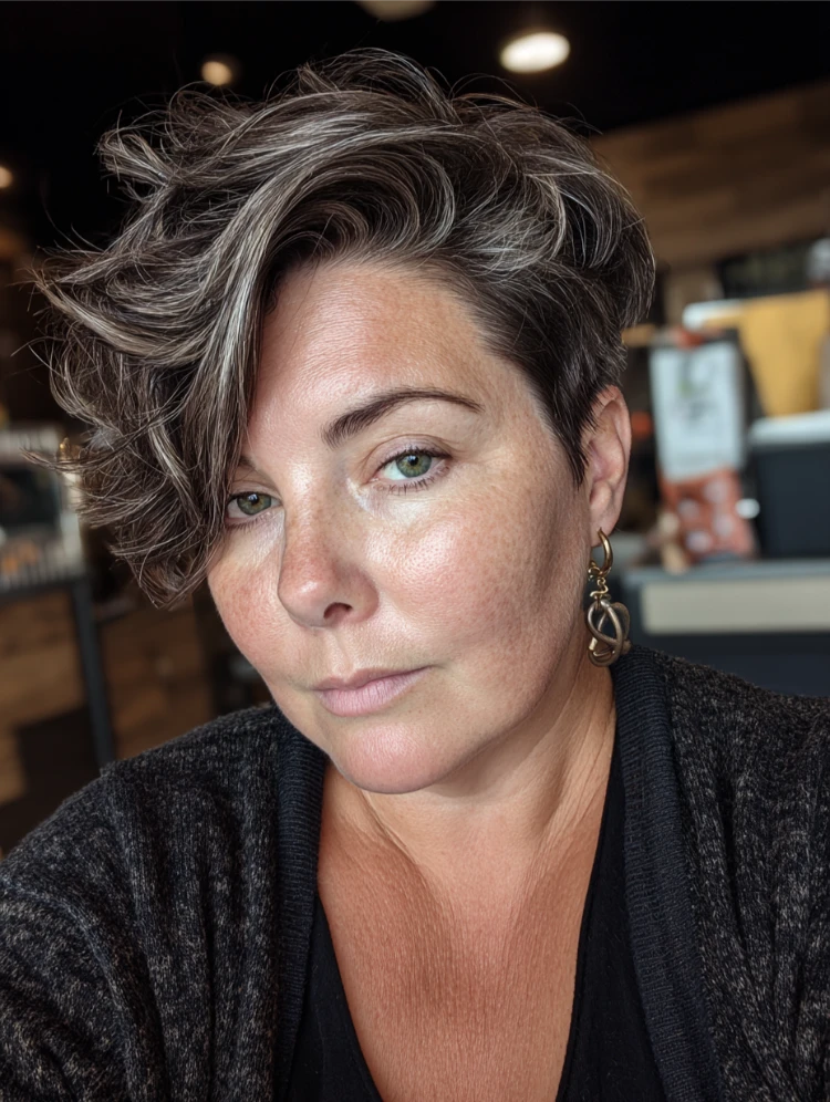 dicke frau mit asymmetrischem pixie schnitt