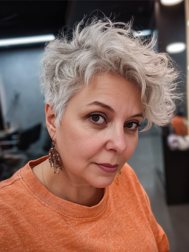 dicke frau mit doppelkinn und voluminösem pixie cut