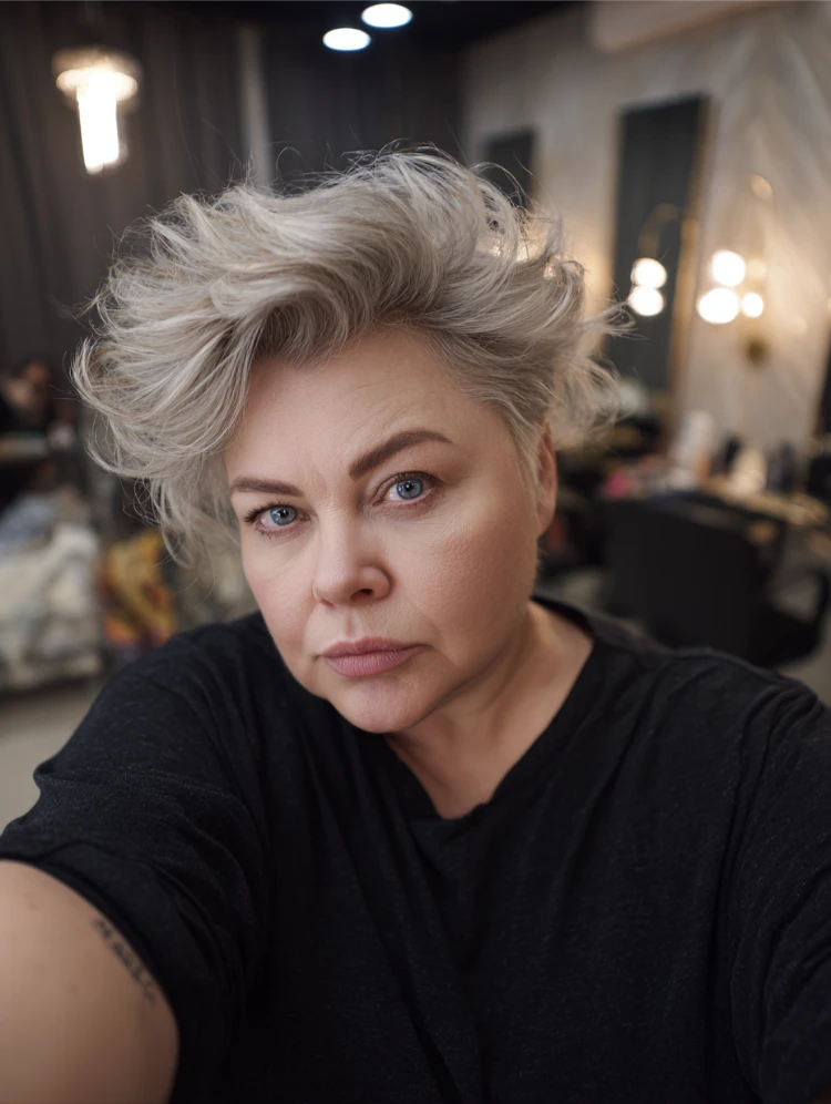 dicke frau mit gestuftem pixie schnitt mit volumen