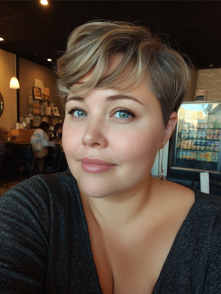 dicke frau mit längerem pixie schnitt und seitenscheitel