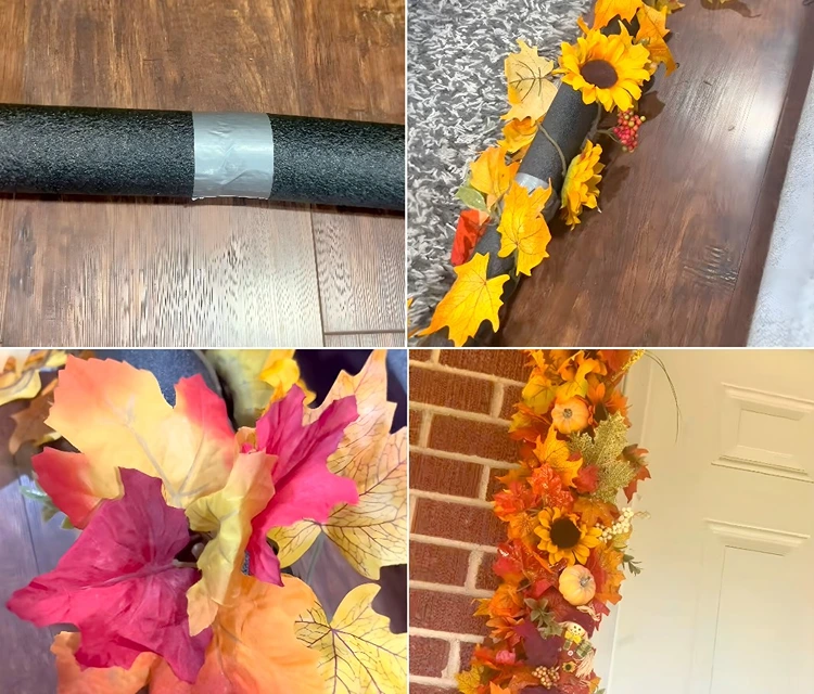 Die Schaumstoffnudeln zusammenkleben und mit Blumengirlande umwickeln