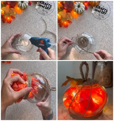 diy kürbislicht aus leerem glas led lichterkette