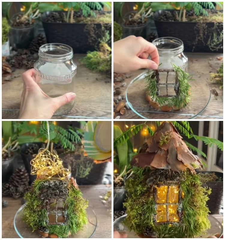 diy waldhäuschen aus leerem glas led lichterkette naturmaterialien