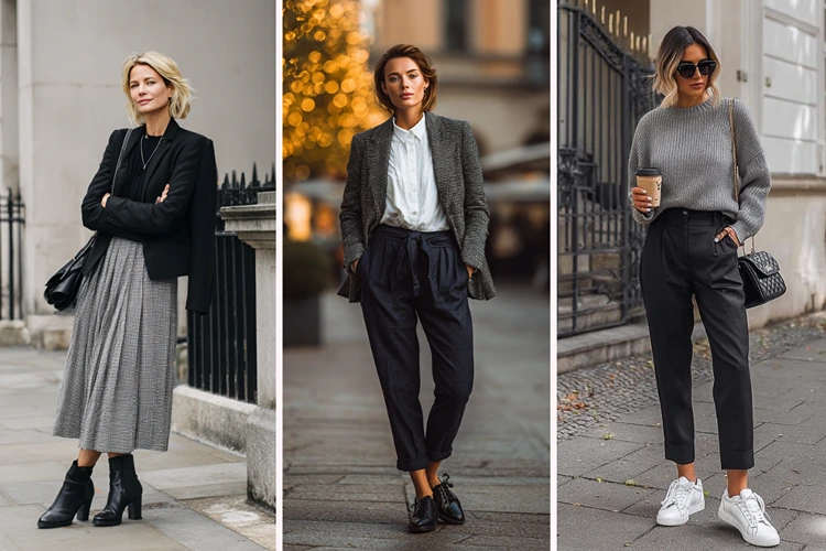 drei business casual styling ideen mit rock, sneakern und oxfords