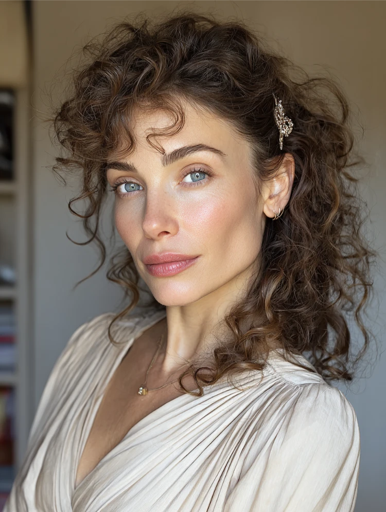 dünne naturlocken frisur seitlich gesteckter half up look