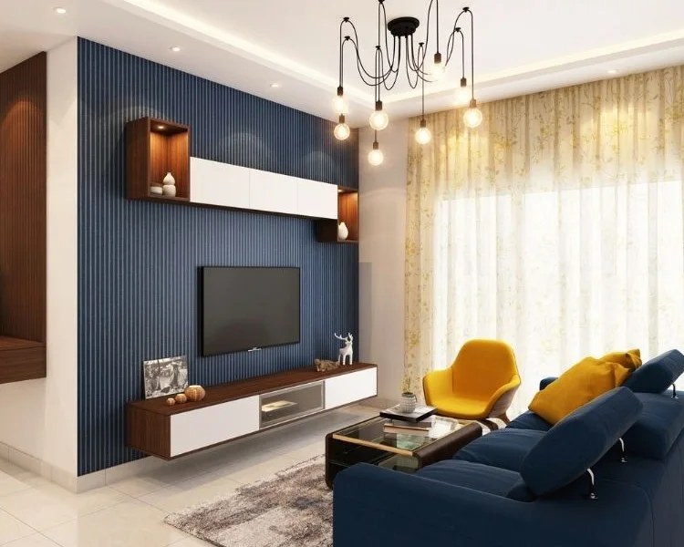 Dunkelblaue Akzentwand im Wohnzimmer streichen Ideen