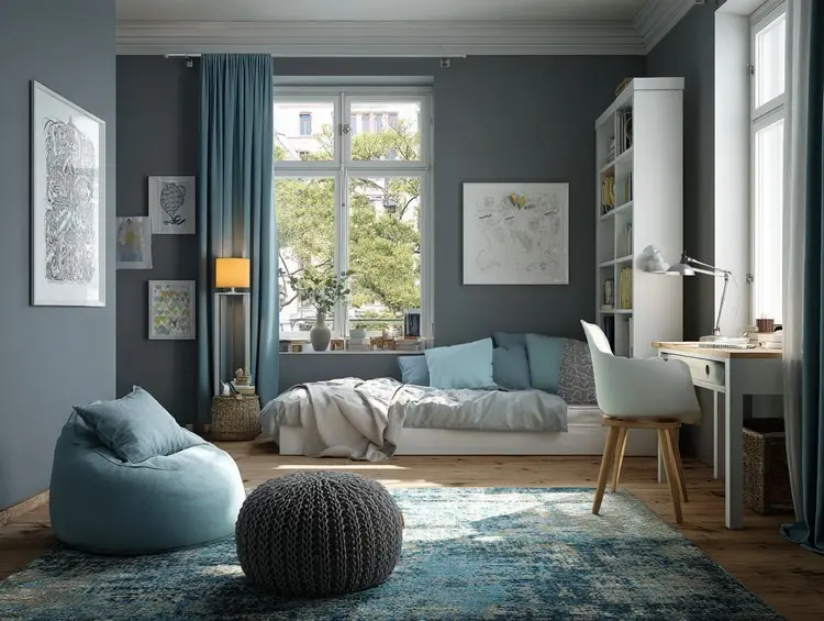 Dunkelgraue Wandgestaltung und türkise Textilien als Farbakzent