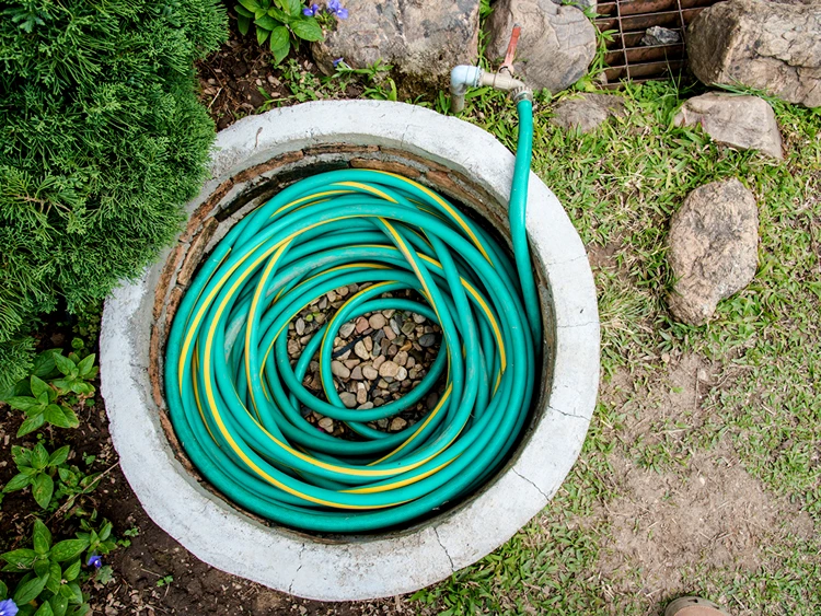 Ein alter oder speziell gemauerter Kübel kann den Schlauch enthalten