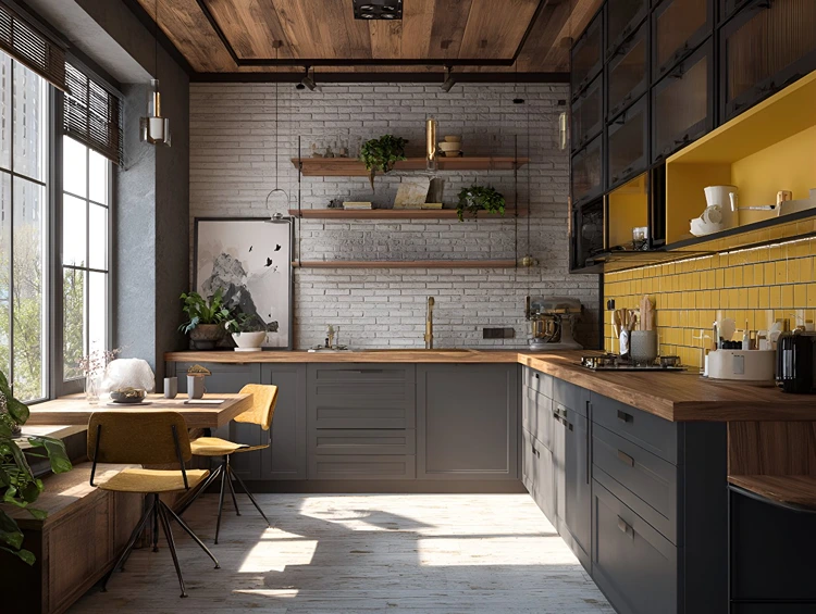 Eine kleine, quadratische Küche einrichten mit Kontrastfarben wie Schwarz und Gelb