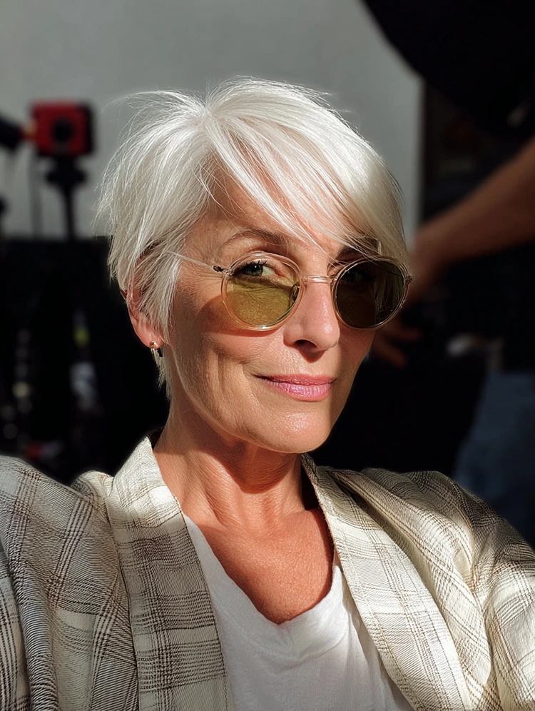 eleganter weißer pixie cut mit langem pony und sonnenbrille