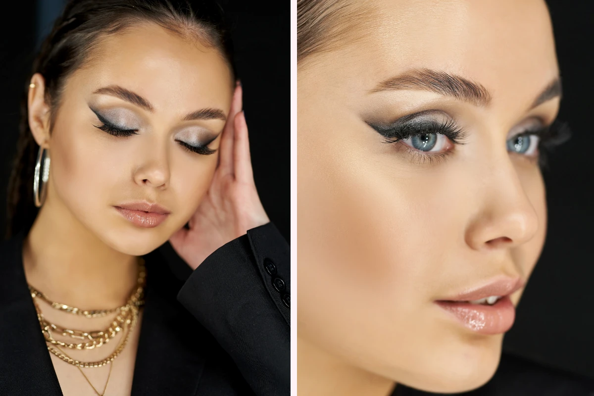 elegantes abend make up für blaue augen mit silbrigem lidschatten