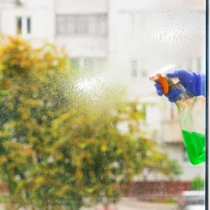 fensterreinigung mit sprühflasche und handschuhen an einem herbsttag