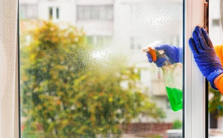 fensterreinigung mit sprühflasche und handschuhen an einem herbsttag