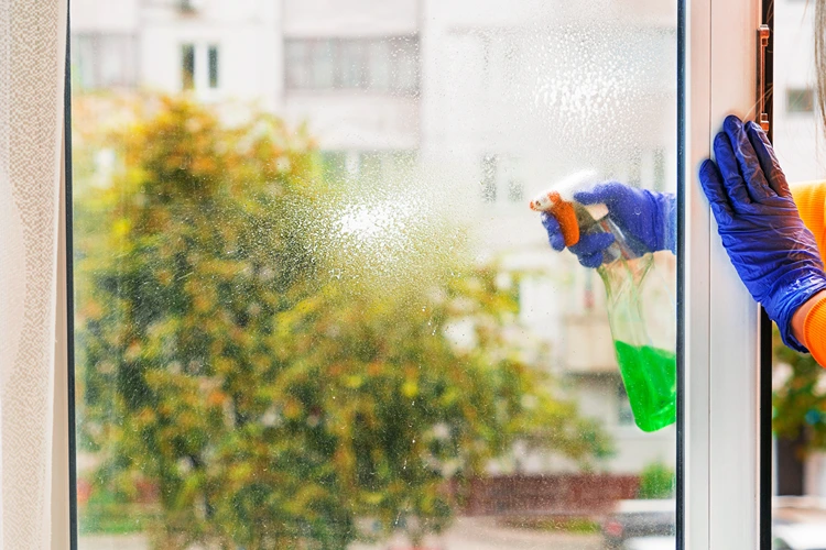fensterreinigung mit sprühflasche und handschuhen an einem herbsttag