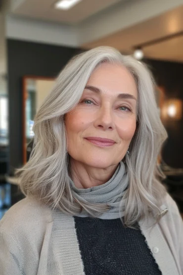 frau ab 70 mit mittellangem weiß silbernem haar