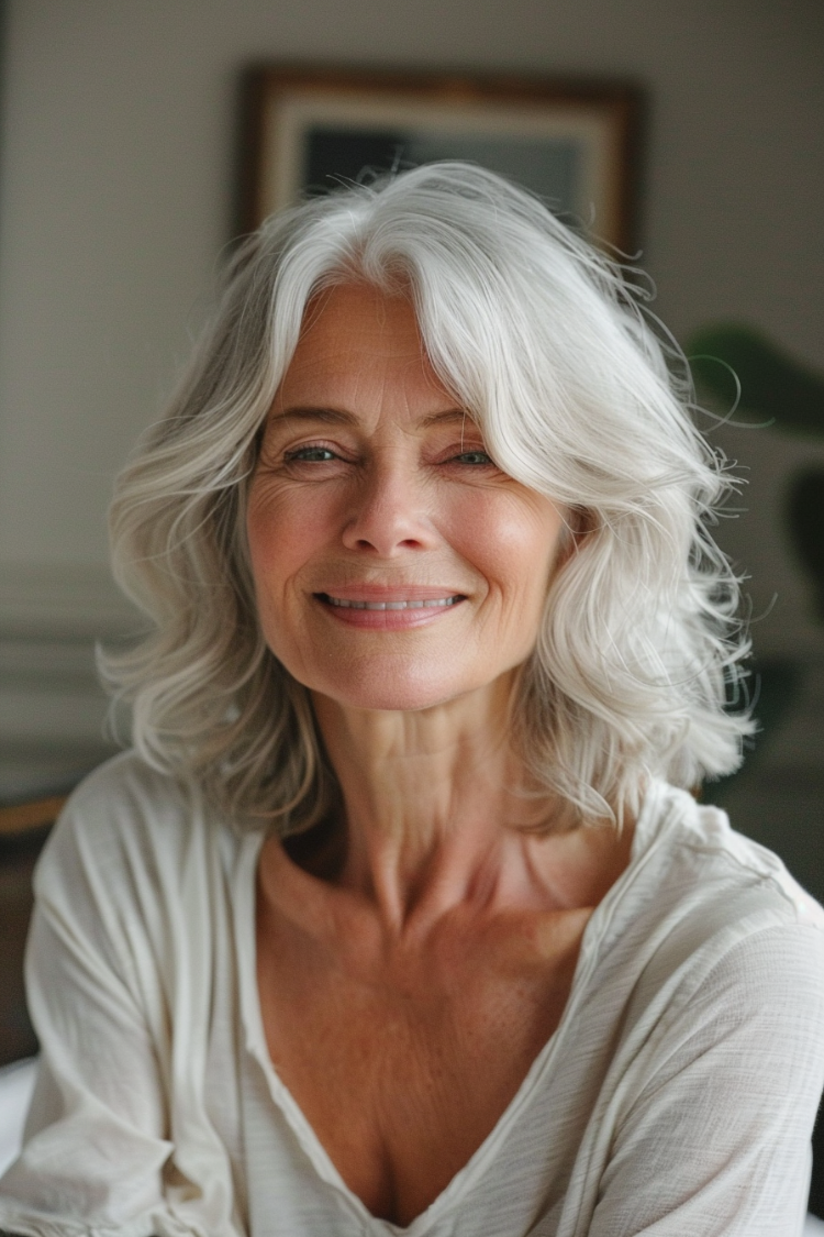 frau ab 70 mit welligem, mittellangem silbernem haar