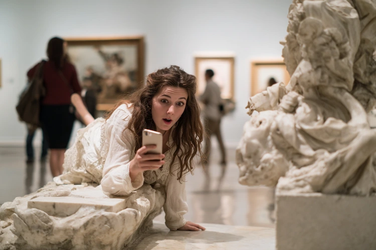 Frau im Museum Unfall mit Handy