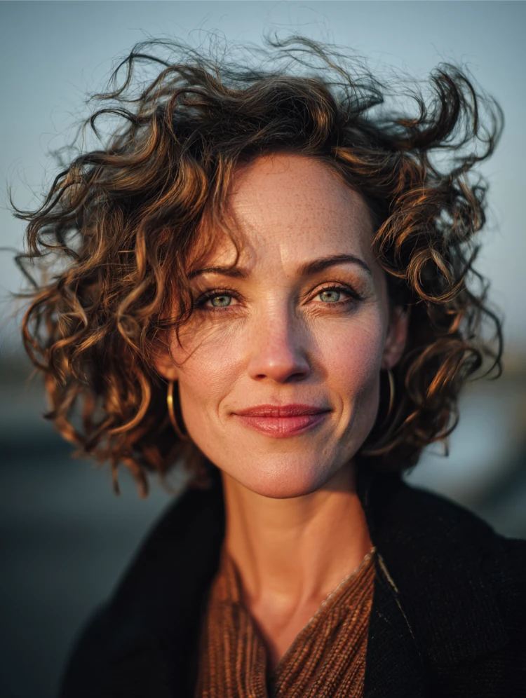 frau mit blonden und kinnlangen locken