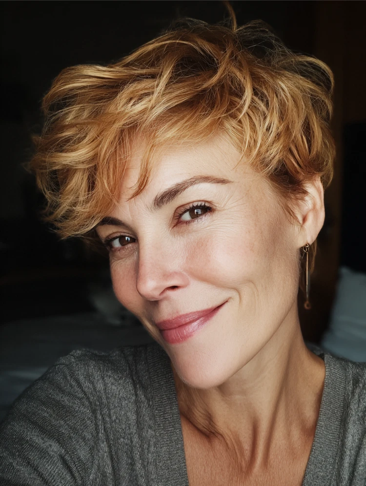 frau mit gestuftem pixie haarschnitt in honey blonde