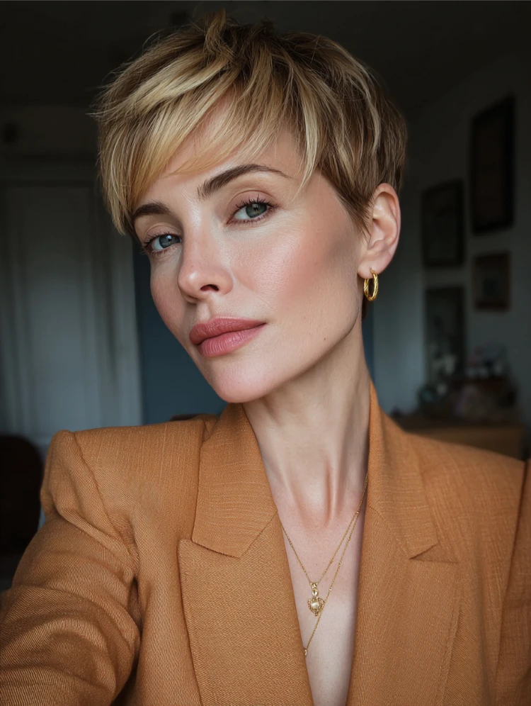 frau mit honey blonde pixie haarschnitt und orangefarbenem blazer