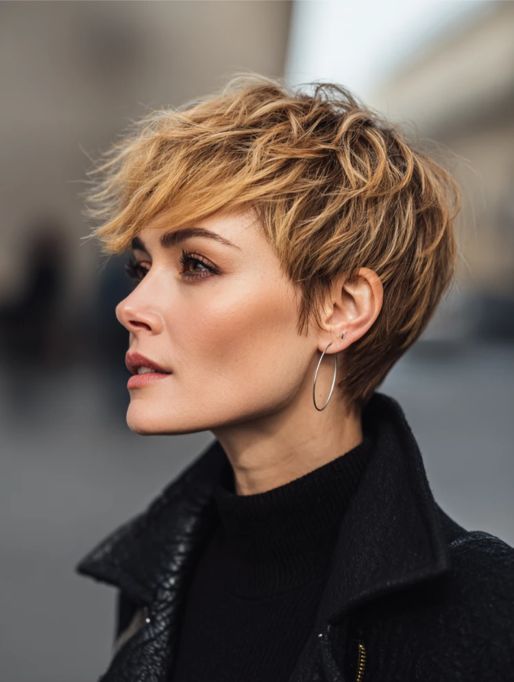 frau mit honigblondem pixie haarschnitt und strähnchen