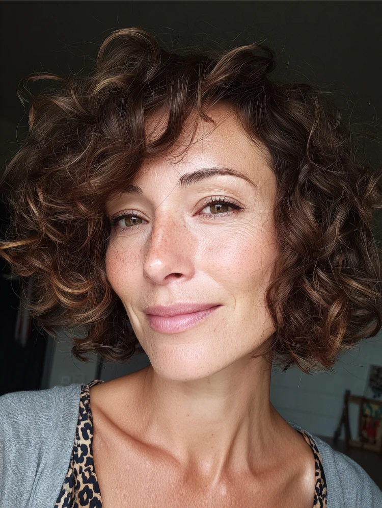 frau mit kinnlangen lockigen haaren und einem klassischen lockigen bob
