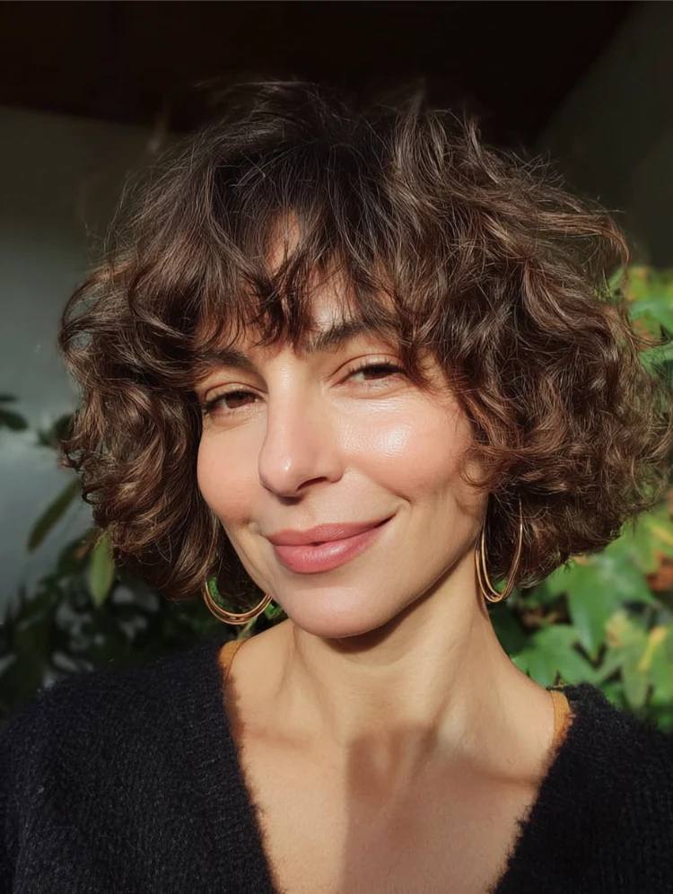 frau mit kinnlangen lockigen haaren und french bob