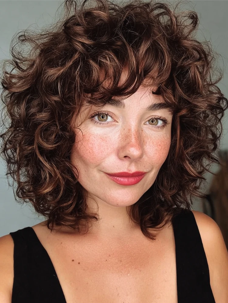 frau mit kinnlangen lockigen haaren und shaggy bob