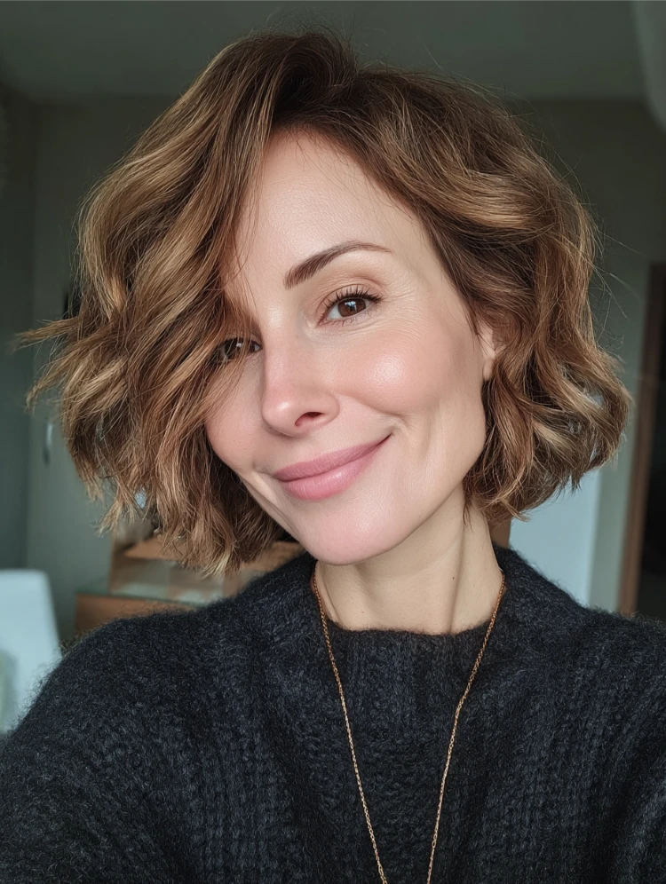 frau mit kinnlangen lockigen haaren und soft wellen bob