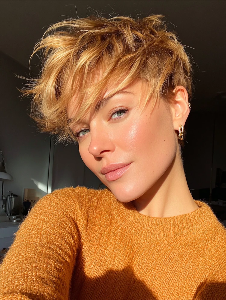 frau mit pixie haarschnitt in honigblond und orangefarbenem pullover