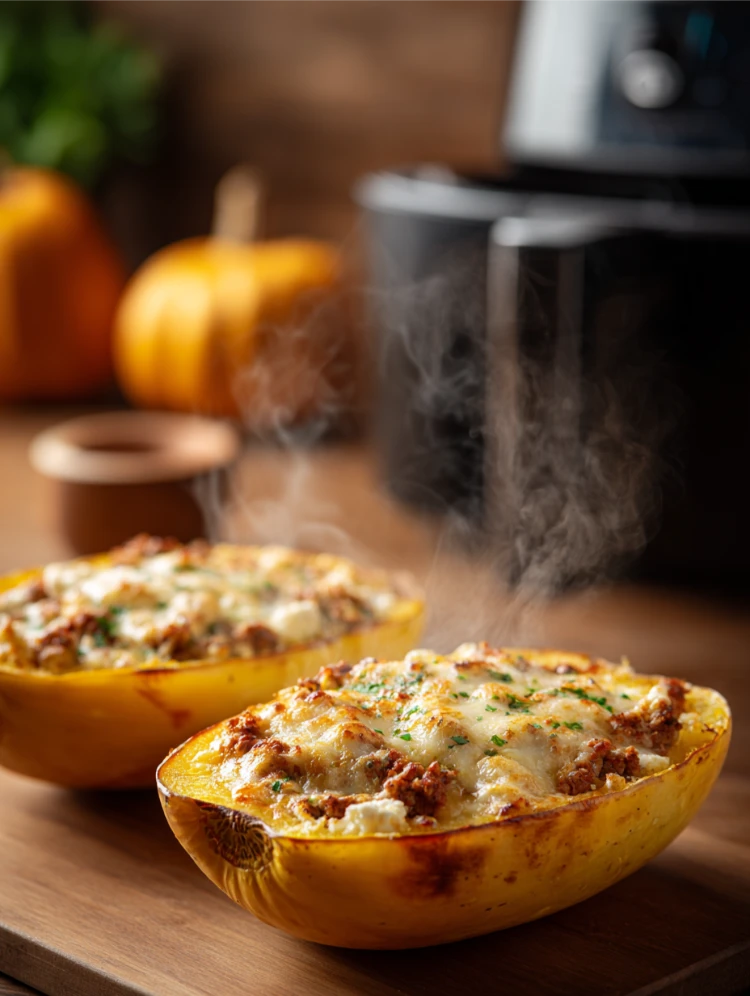 gefüllter spaghettikürbis mit hackfleisch und käse