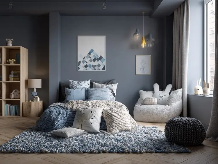 Gemütliche Schlafecke in einem grauen Kinderzimmer mit Parkettboden