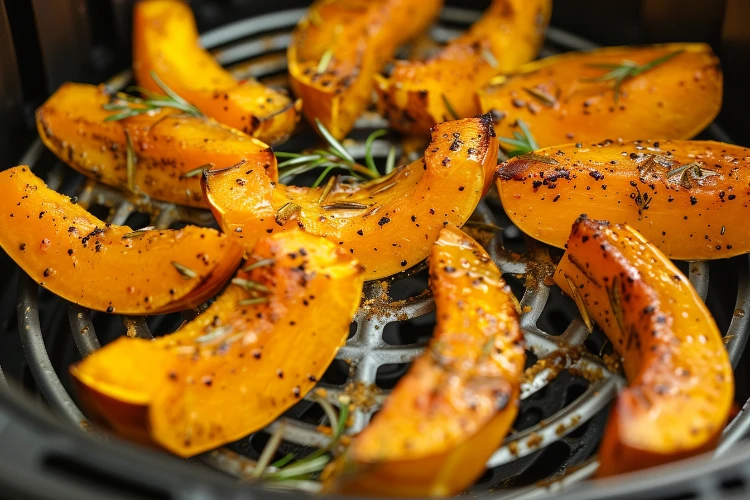 geröstete kürbisstücke in der heißluftfritteuse mit rosmarin