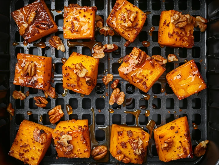 geröstete kürbiswürfel aus der heißluftfritteuse mit honig und walnüssen