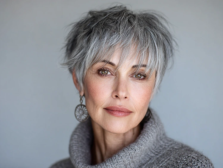 grauer shaggy pixie mit fransigem pony