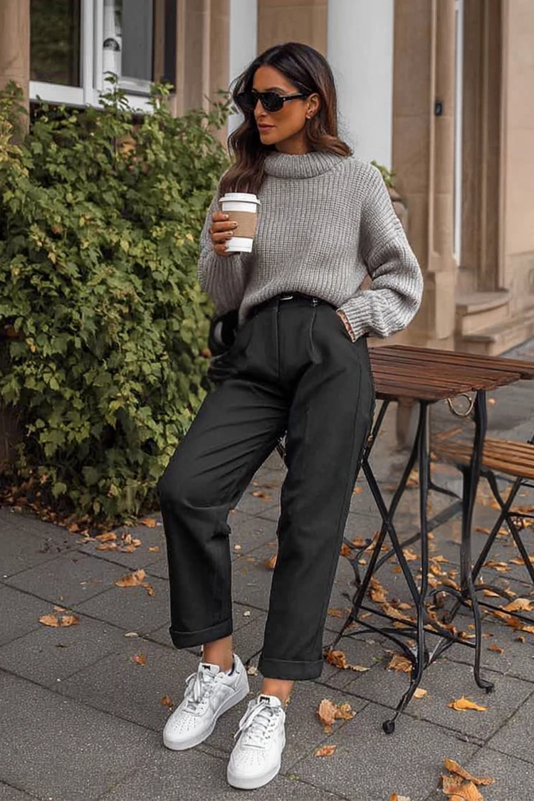 grauer strickpullover mit schwarzen stoffhosen und sneakern