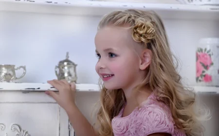 halboffene flechtfrisur für mädchen mit zopf rose