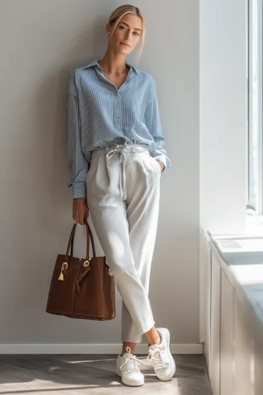 helle business casual kombination mit streifenbluse, weißer hose und sneakern