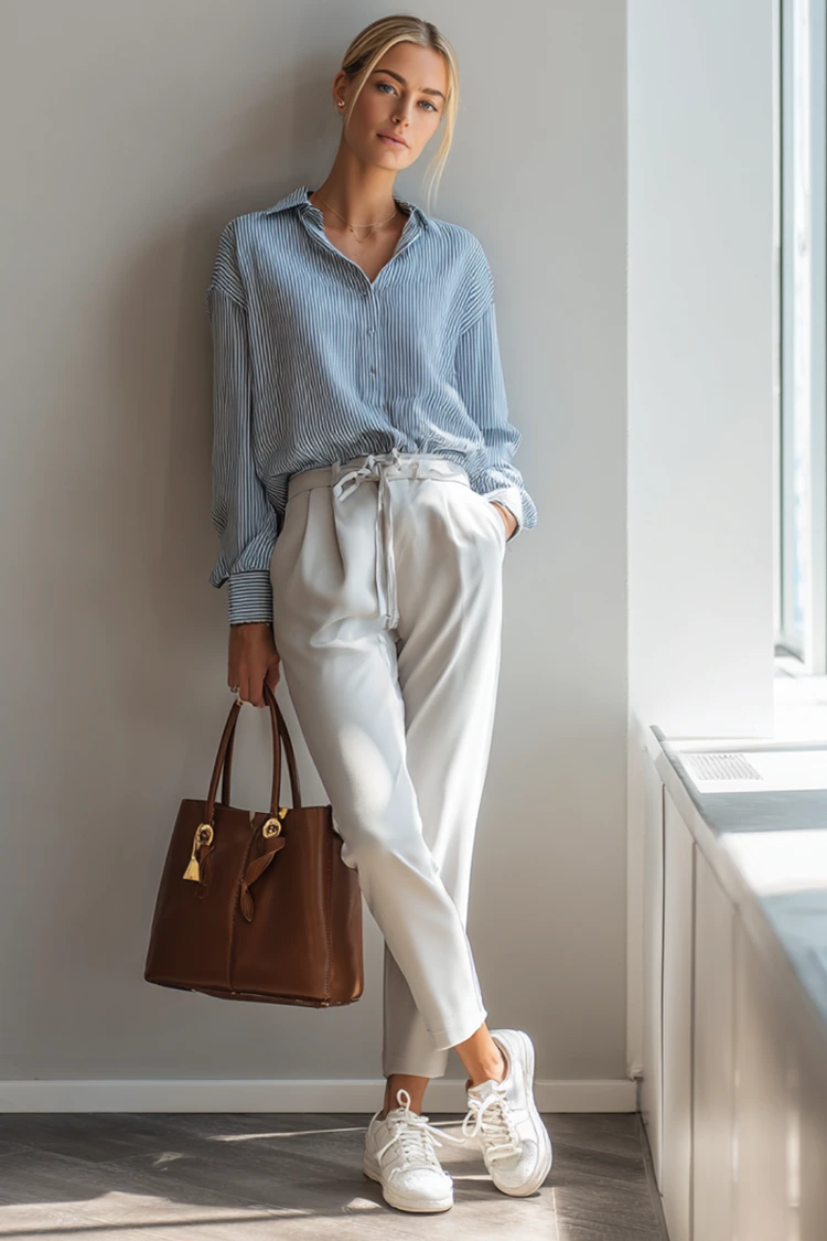 helle business casual kombination mit streifenbluse, weißer hose und sneakern